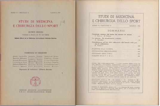 Studi di Medicina e Chirurgia dello Sport Anno VI Fascicolo V- Maggio 1952 - copertina