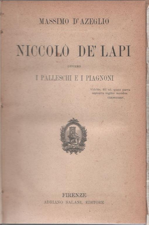 Niccolò De' Lapi ovvero i Palleschi e i Piagnoni - Massimo d'Azeglio - Massimo D'Azeglio - copertina