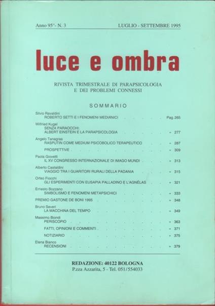 Luce e ombra. Rivista di parapsicologia. Anno 95, n. 3 luglio-settembre 1995 - copertina