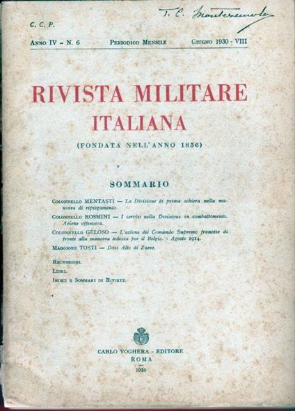 Rivista Militare Italiana. Anno IV n. 6. Giugno 1930 - copertina