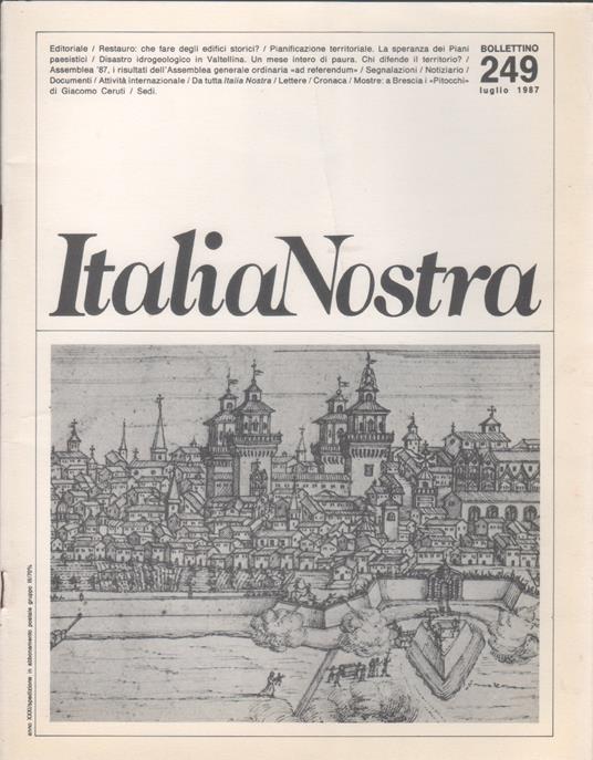 Italia Nostra. Bollettino n. 249 , luglio 1987 - copertina