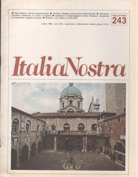Italia Nostra. Bollettino n. 243, ottobre 1986 - copertina