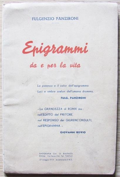Epigrammi Da E Per La Vita Di: Panzironi Fulgenzio - copertina