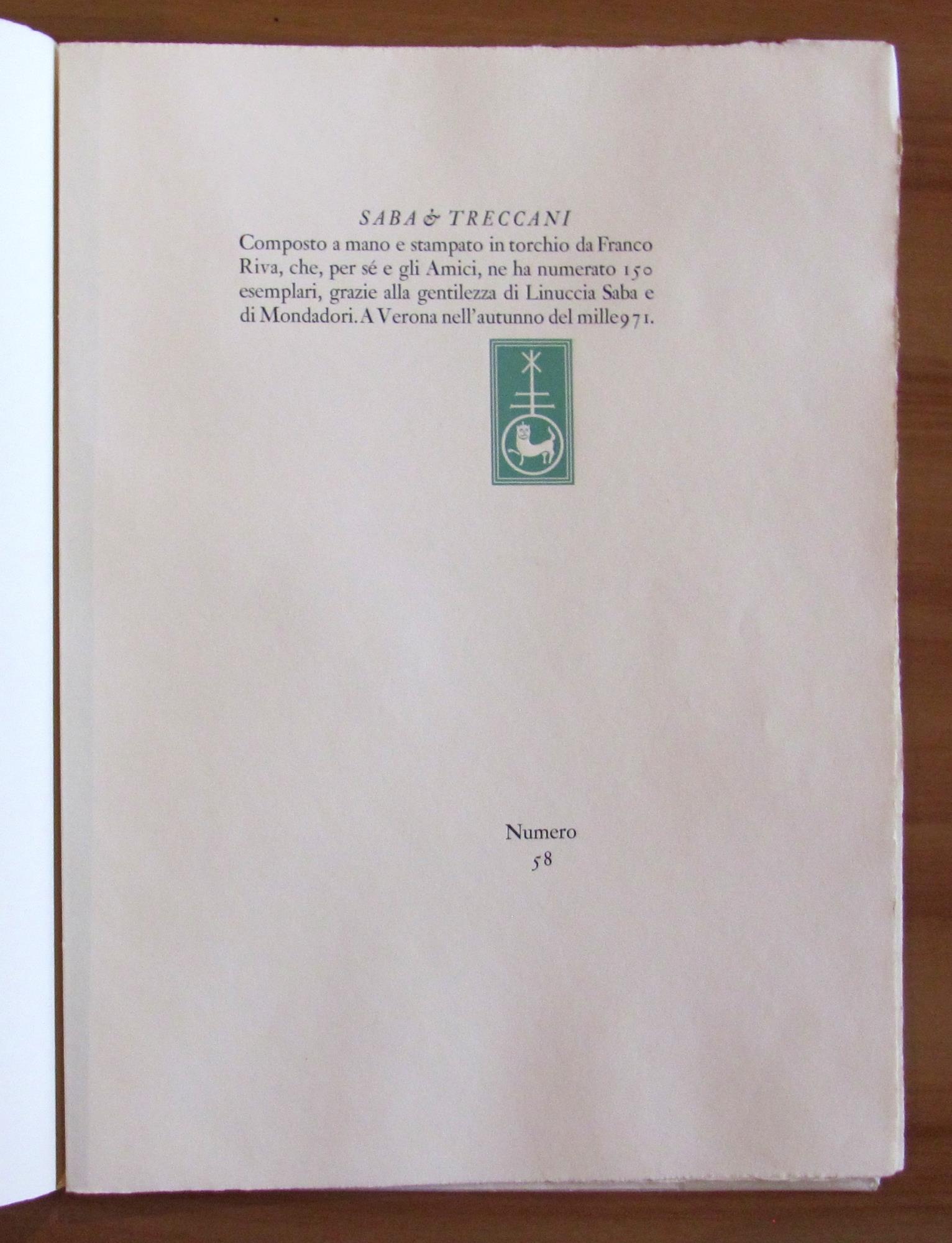 POESIE DI SABA con LITOGRAFIE di TRECCANI Firmate, 1971 - Tirat. Limit. 150 esemplari