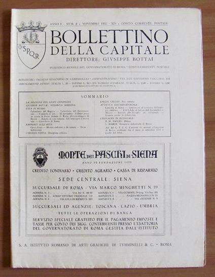 Bollettino Della Capitale. Anno I N.2 1935. Direttore Bottai Di: Governatorato Di Roma - copertina