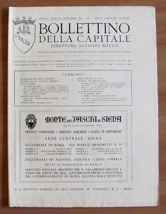 Bollettino Della Capitale. Anno I N.2 1935. Direttore Bottai Di: Governatorato Di Roma - copertina