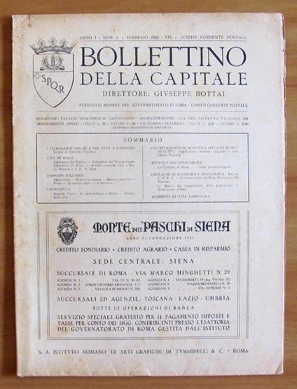 Bollettino Della Capitale. Anno I N.5 1936. Direttore Bottai Di: Governatorato Di Roma - copertina