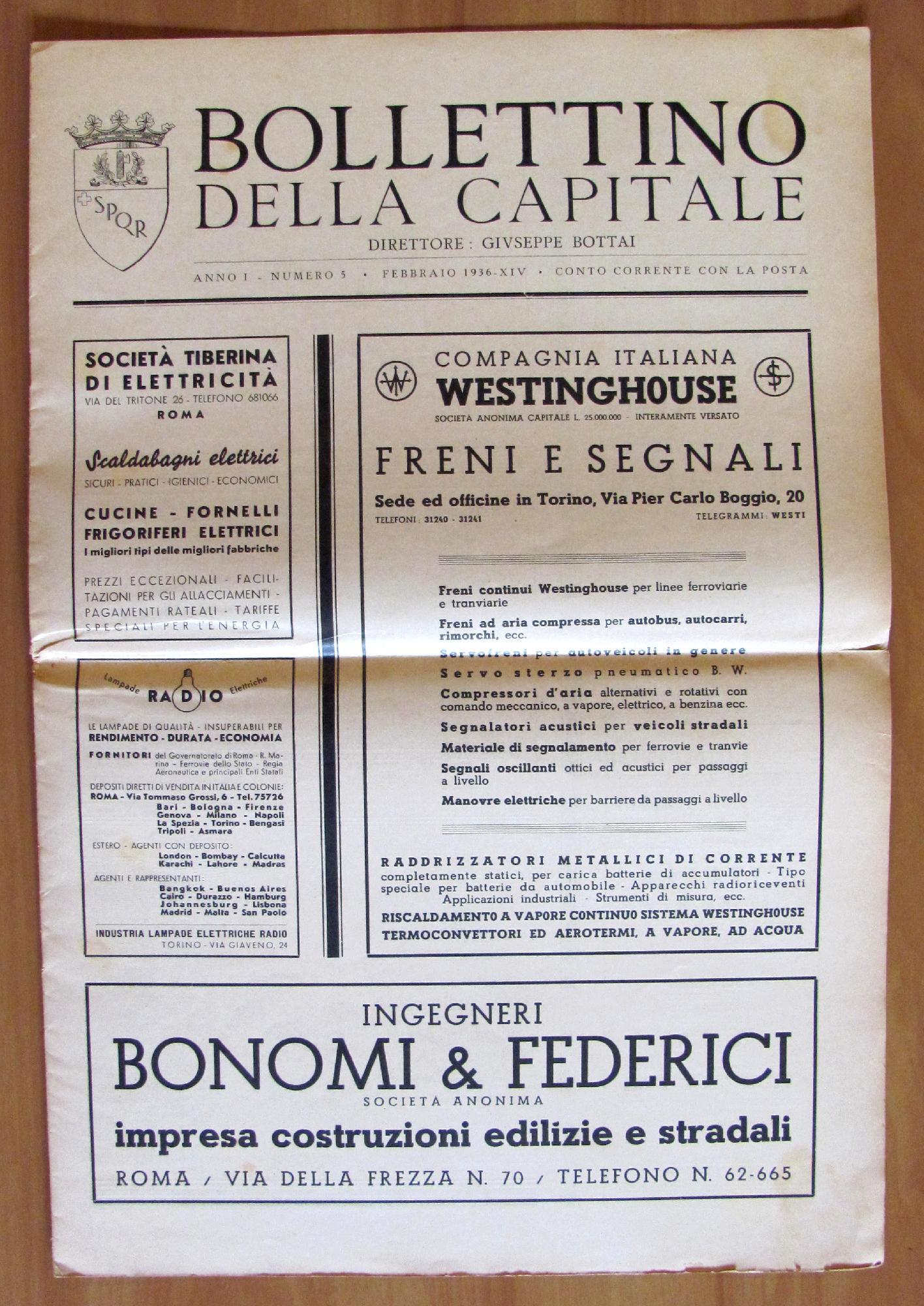 Bollettino Della Capitale. Anno I N.5 1936. Direttore Bottai Di: Governatorato Di Roma