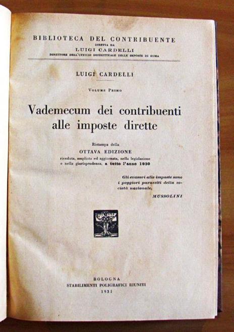 Vademecum Dei Contribuenti Alle Imposte Dirette. Volume I - Luigi Cardelli - copertina