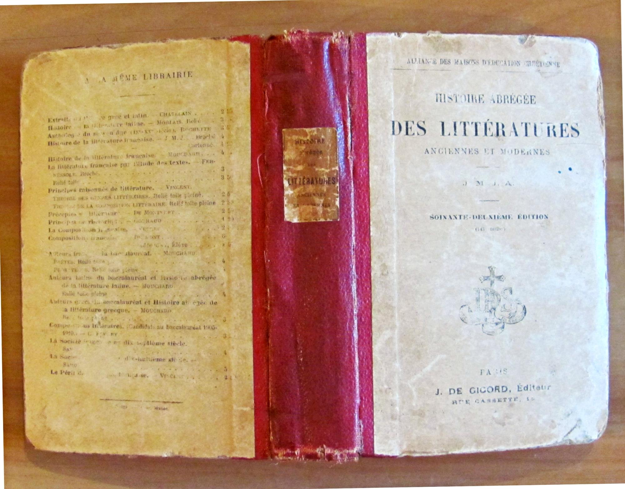 HISTOIRE ABREGEE DES LITTERATURES ANCIENNES ET MODERNES - Alliance des Maisons d'éducation chrétienne