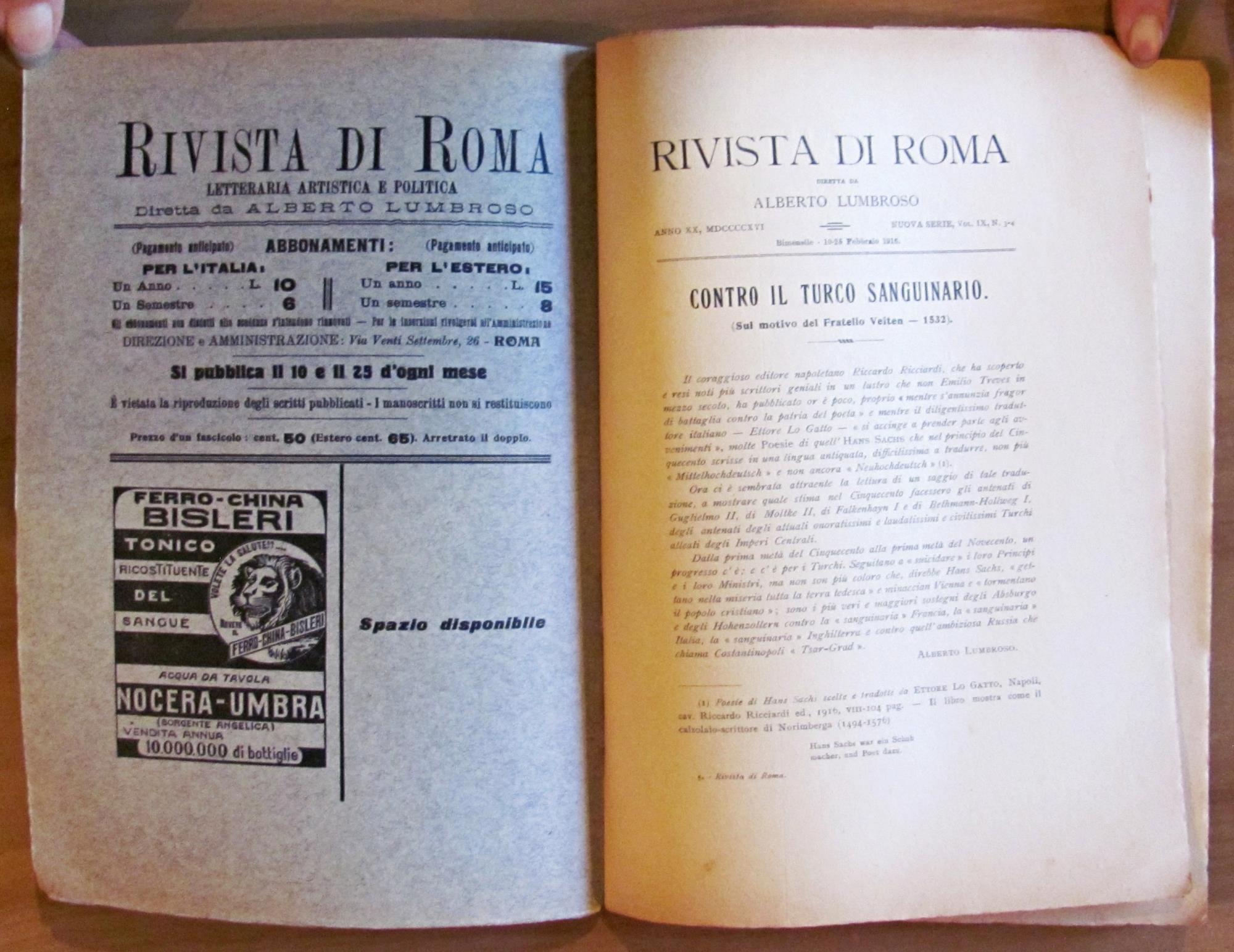 RIVISTA DI ROMA Anno XX - Vol. IX - 2 Volumi Gen-Feb, 1916
