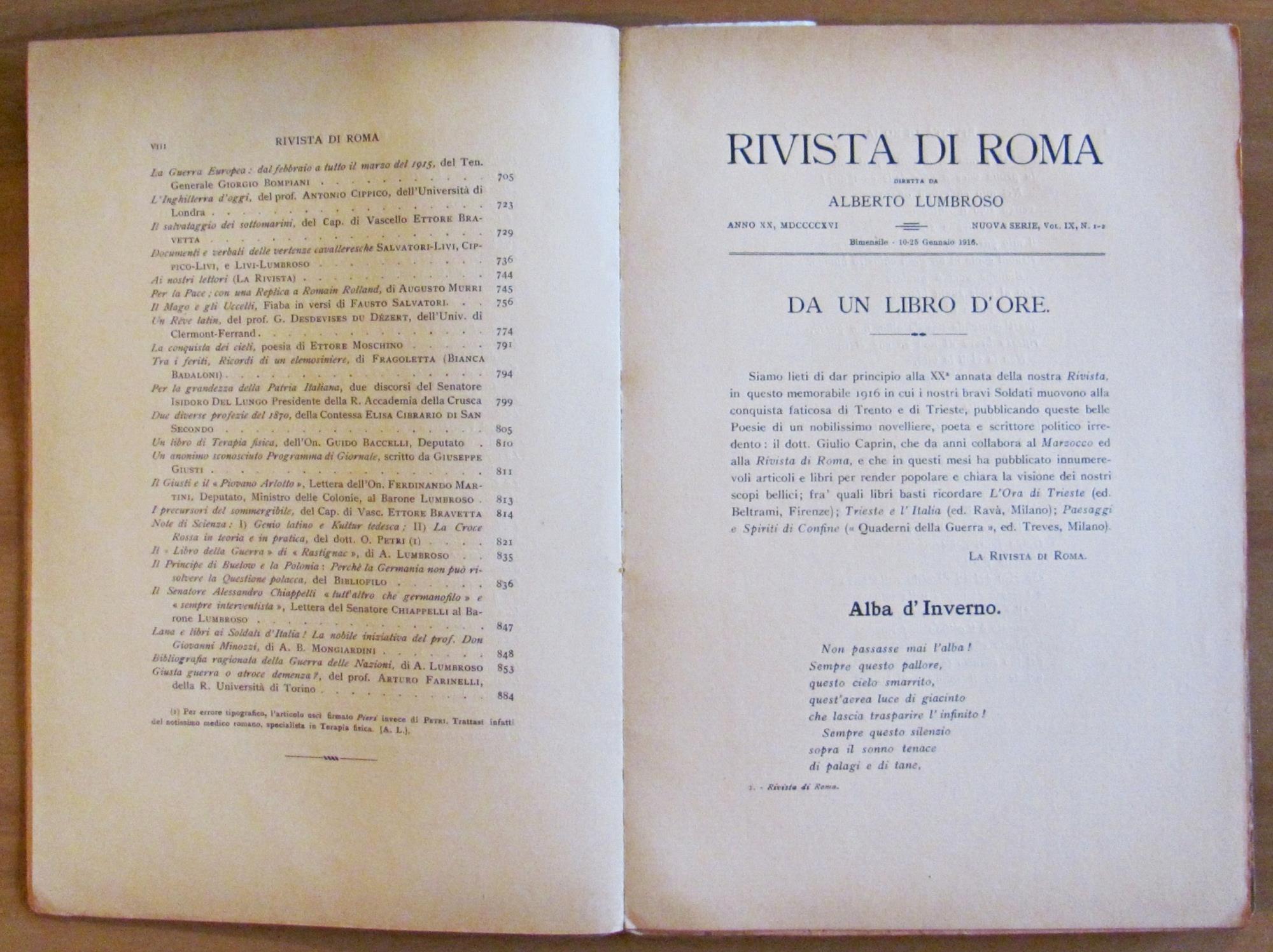 RIVISTA DI ROMA Anno XX - Vol. IX - 2 Volumi Gen-Feb, 1916