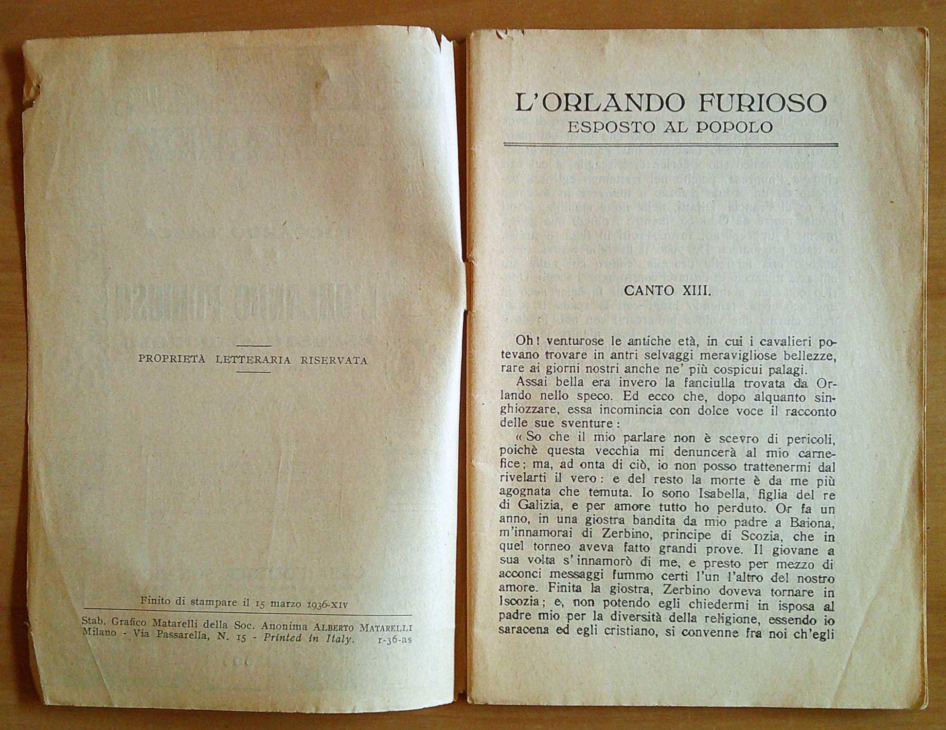 L' ORLANDO FURIOSO ESPOSTO AL POPOLO Parte II, 1936 - Biblioteca del Popolo