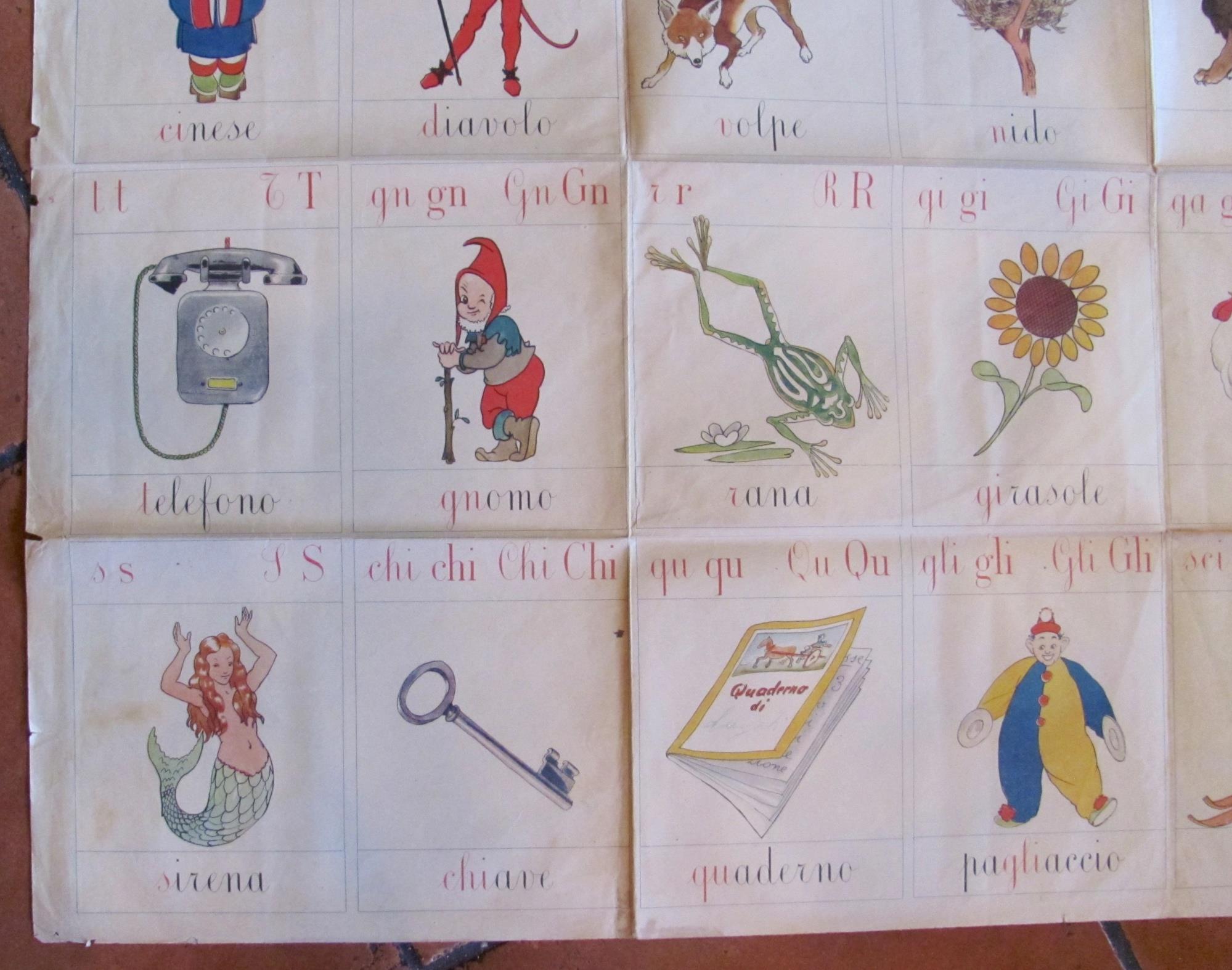 Manifesto Scolastico ABBECEDARIO, anni '40 - 107x82 con PINOCCHIO