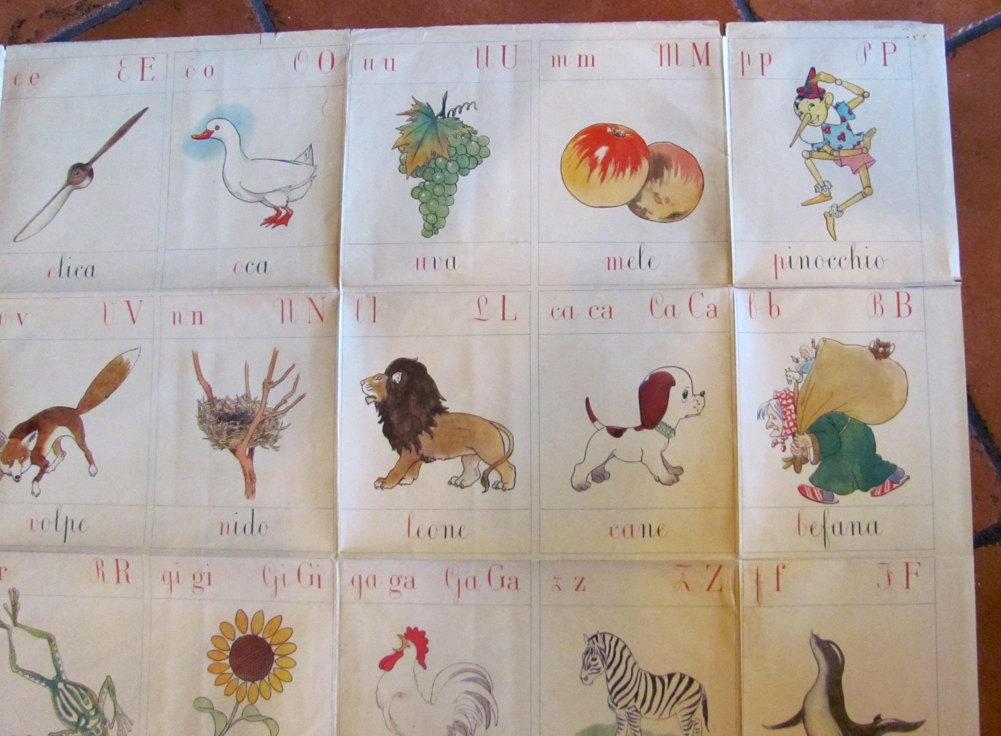 Manifesto Scolastico ABBECEDARIO, anni '40 - 107x82 con PINOCCHIO