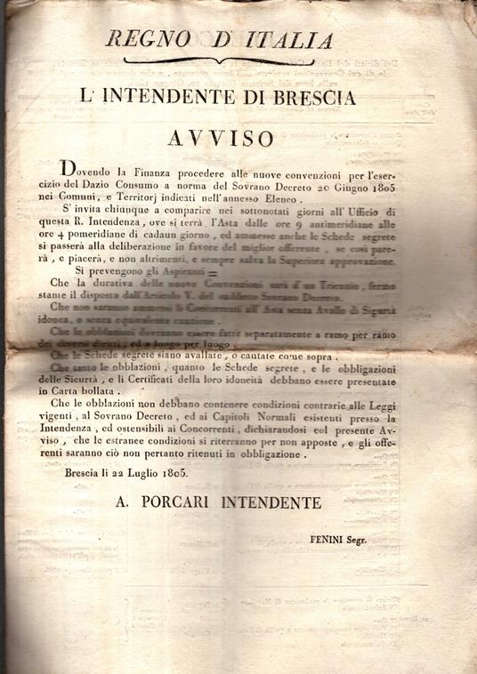 Diritti del Dazio Consumo sotto la giurisdizione dell'Intendenza di Brescia 1805 - copertina