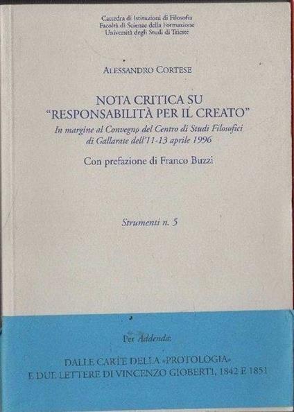 Nota critica su «Responsabilità per il creato» - Alessandro Cortese - copertina