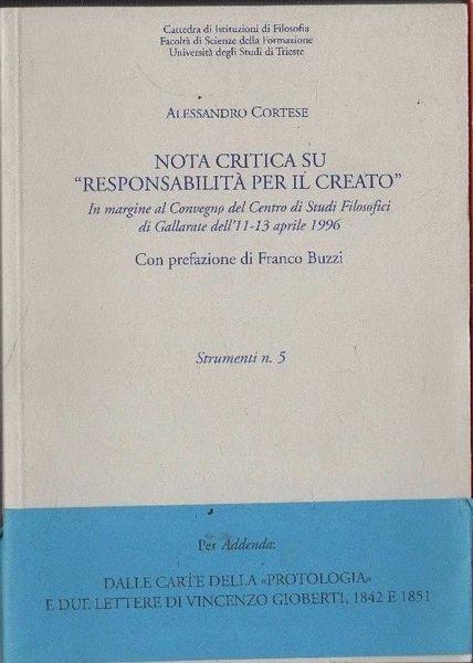 Nota critica su «Responsabilità per il creato» - Alessandro Cortese - copertina