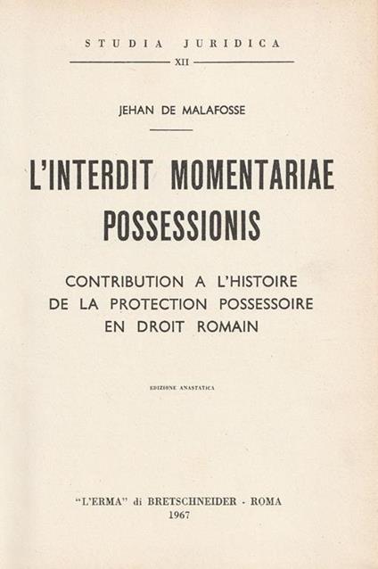 L' interdit momentariae possessionis - copertina