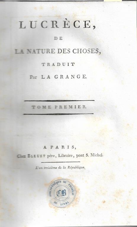 De la nature des choses. Tome primier - Lucréce - copertina