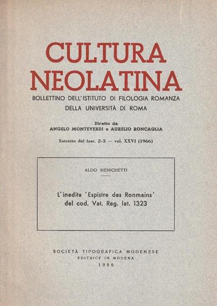 L' inedita Espistre des Ronmains del cod. Vat. Reg. lat. 1323 - Aldo Menichetti - copertina