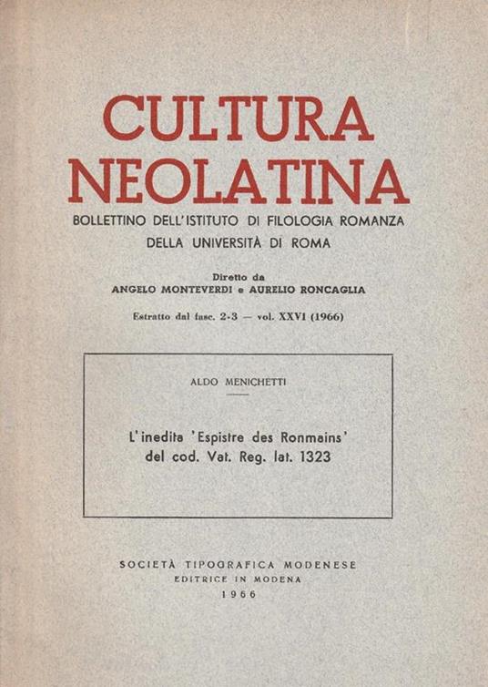 L' inedita Espistre des Ronmains del cod. Vat. Reg. lat. 1323 - Aldo Menichetti - copertina