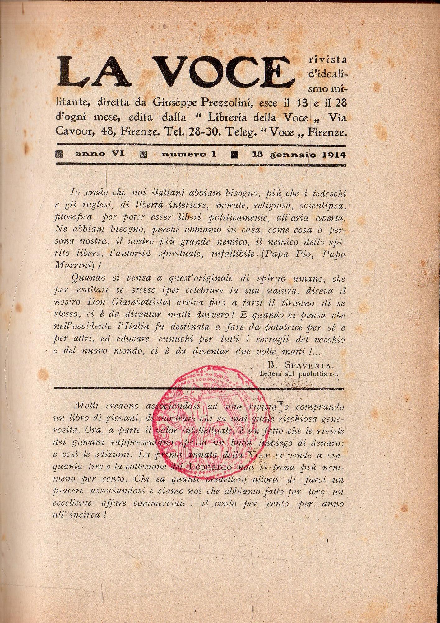 La Voce. Rivista d'idealitante. Numeri dell'anno VI, dal 13 gennaio 1914 al 13 novembre 1914