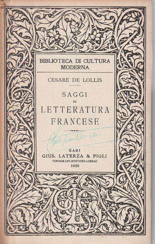 Saggi di Letteratura Francese - Cesare De Lollis - copertina