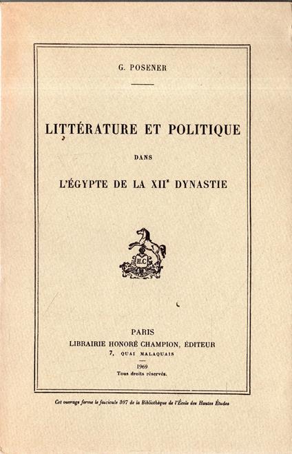 Littérature et Politique: dans l'Égypte de la XII dynastie - Georges Posener - copertina