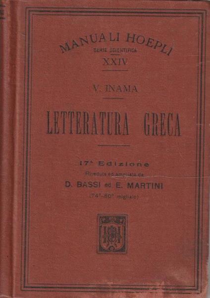 Letteratura greca di Vigilio Inama - Manuali Hopeli - Virgilio Inama - copertina