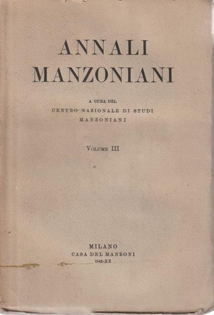 Annali Manzoniani. Volume III - copertina