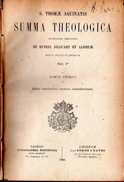 Summa Theologica diligenter emendata de rubeis, billuart et aliorum. Notis selectis ornata (6 tomi) (PRIMA EDIZIONE) - Tommaso d'Aquino (san) - copertina