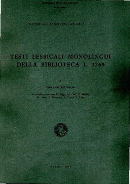 Materiali Epigrafici di Ebla 3. Testi Lessicali Monolingui della Biblioteca L.2769 - Giovanni Pettinato - copertina