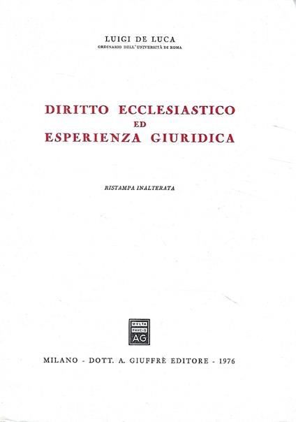 Diritto ecclesiastico ed eperienza giuridica - Luigi De Luca - copertina
