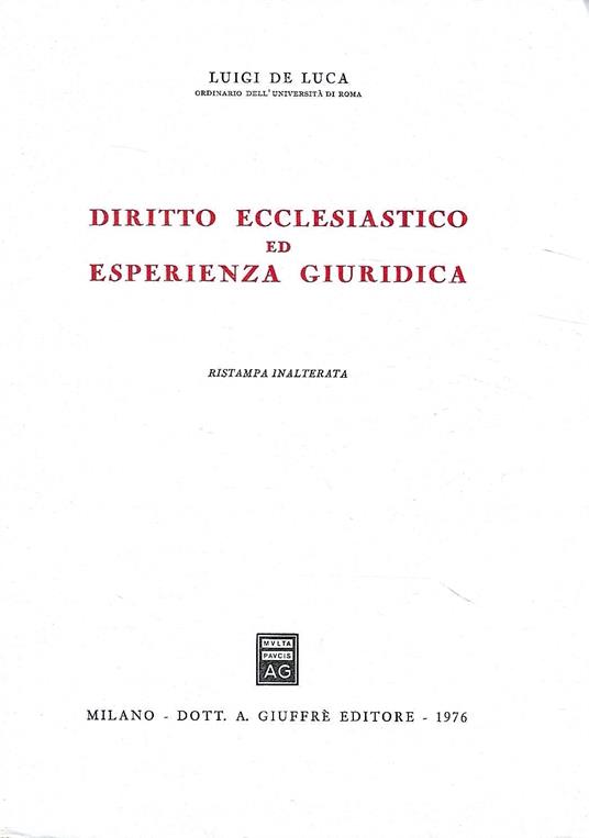 Diritto ecclesiastico ed eperienza giuridica - Luigi De Luca - copertina