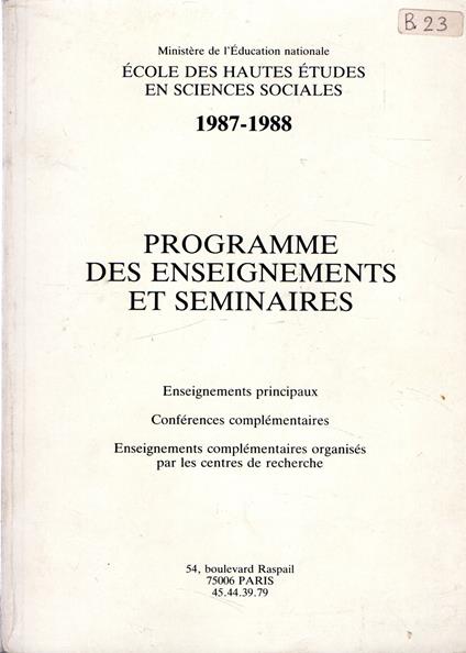 Programme des enseignements et seminaires 1987 1988 - copertina