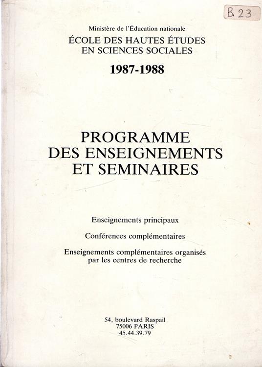 Programme des enseignements et seminaires 1987 1988 - copertina
