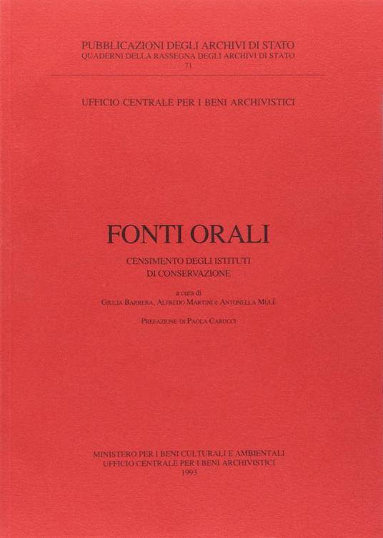 Fonti Orali. Censimento degli Istituti di Conservazione - copertina