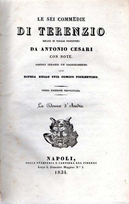 Le sei commedie di Terenzio recate in volgar fiorentino da Antonio Cesari - copertina