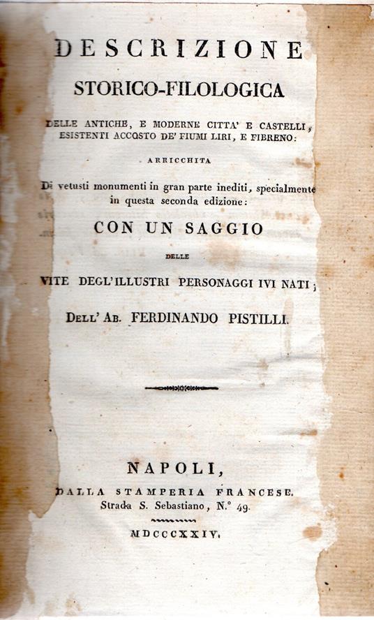 Descrizione Storico-filologica Delle Antiche, E Moderne Città E Castelli Esistenti Accosto Dèfiumi Liri, E Fibreno: Con Un Saggio Delle Vite Degl'illustri Personaggi Ivi Nati.. - copertina