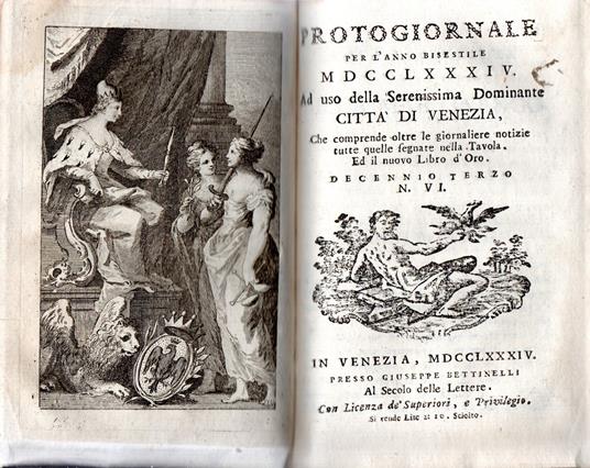 Nuovo Libro D'Oro che contiene i nomi e l'età dè Veneti Patrizi - Protogiornale per l'Anno MDCCLIX ad uso della Serenissima Dominante Città di Venezia N.1 - Protogiornale per l'Anno MDCCLXXXIV ad uso della Serenissima Dominante Città di Venezia - copertina