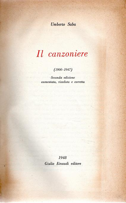 Il canzoniere - Umberto Saba - copertina
