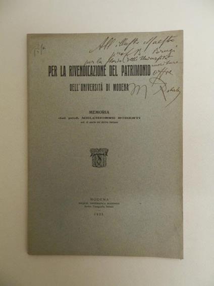 Per la rivendicazione del patrimonio dell'Università di Modena - Melchiorre Roberti - copertina
