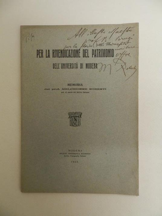 Per la rivendicazione del patrimonio dell'Università di Modena - Melchiorre Roberti - copertina