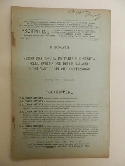 Verso una teoria unitaria e concreta della evoluzione delle galassie e dei vari corpi che contengono - P. Burgatti - copertina