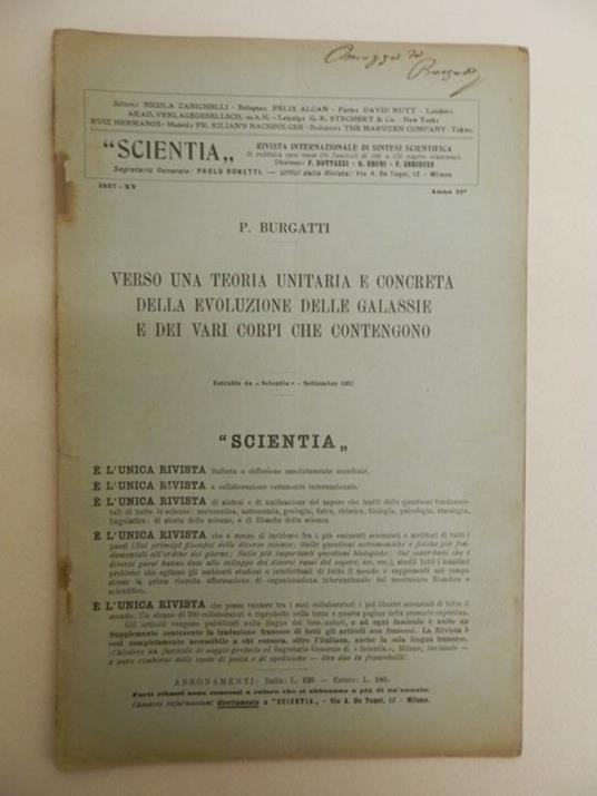 Verso una teoria unitaria e concreta della evoluzione delle galassie e dei vari corpi che contengono - P. Burgatti - copertina
