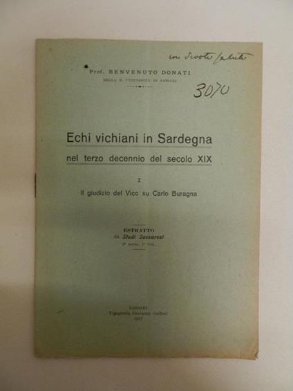 Echi vichiani in Sardegna nel terzo decennio del secolo XIX. I: Il giudizio del Vico su Carlo Buragna - Benvenuto Donati - copertina