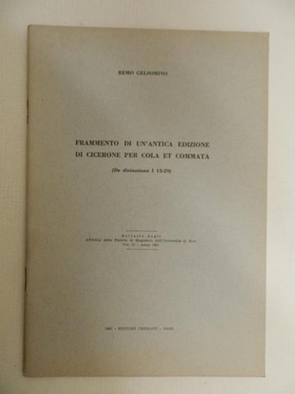 Frammento di un'antica edizione di Cicerone per Cola e Commata (De Divinatione I 13-29) - copertina
