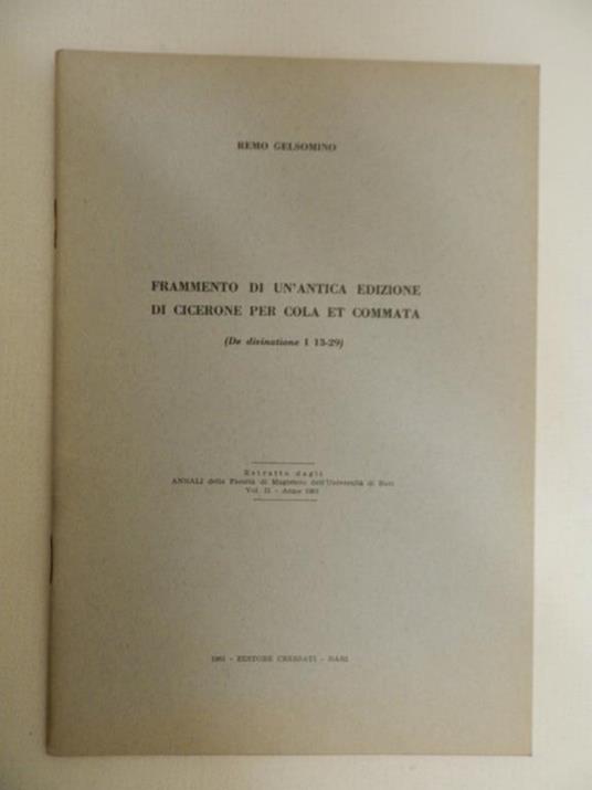 Frammento di un'antica edizione di Cicerone per Cola e Commata (De Divinatione I 13-29) - copertina