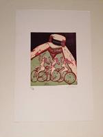 Omissis. Litografia originale. Mino Maccari. Harem in bicicletta